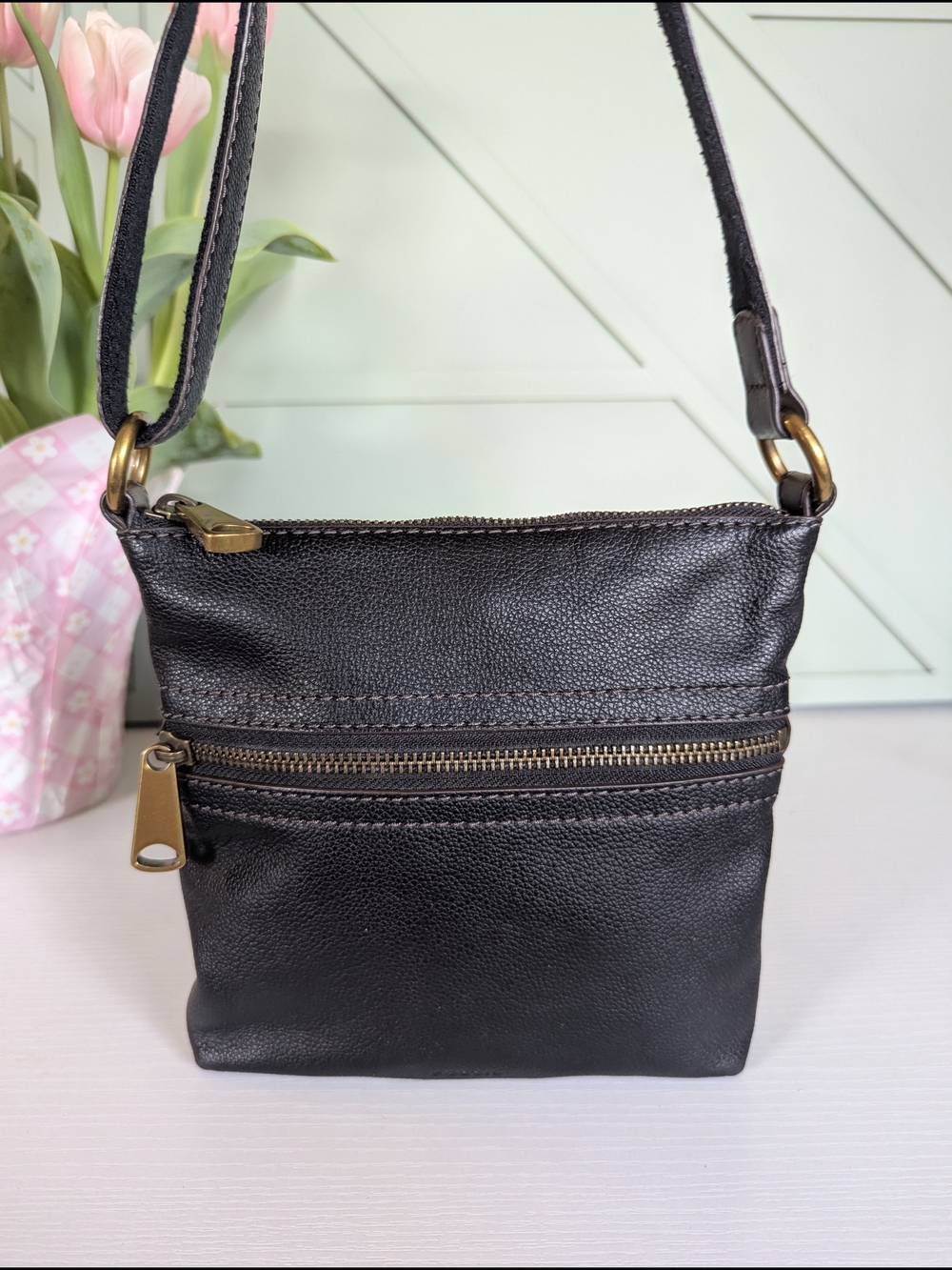 Fossil Everyday Black Leather Crossbody with Gold Hardware